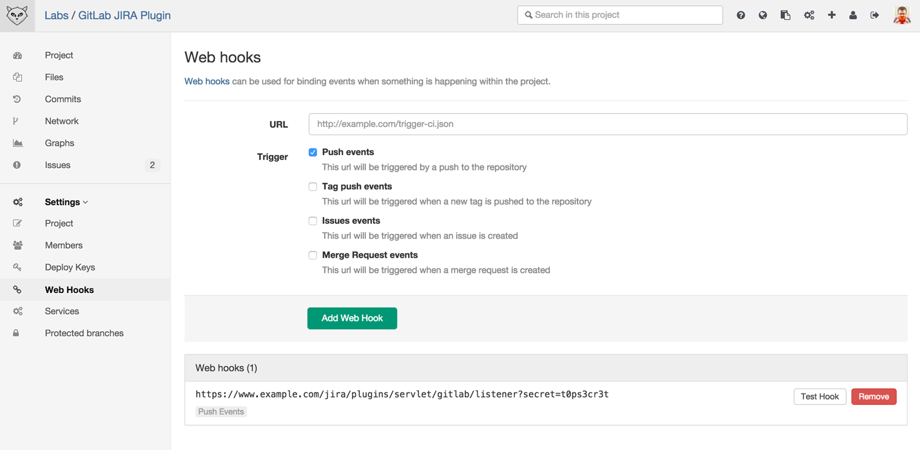 Creating a push event webhook in GitLab project settings