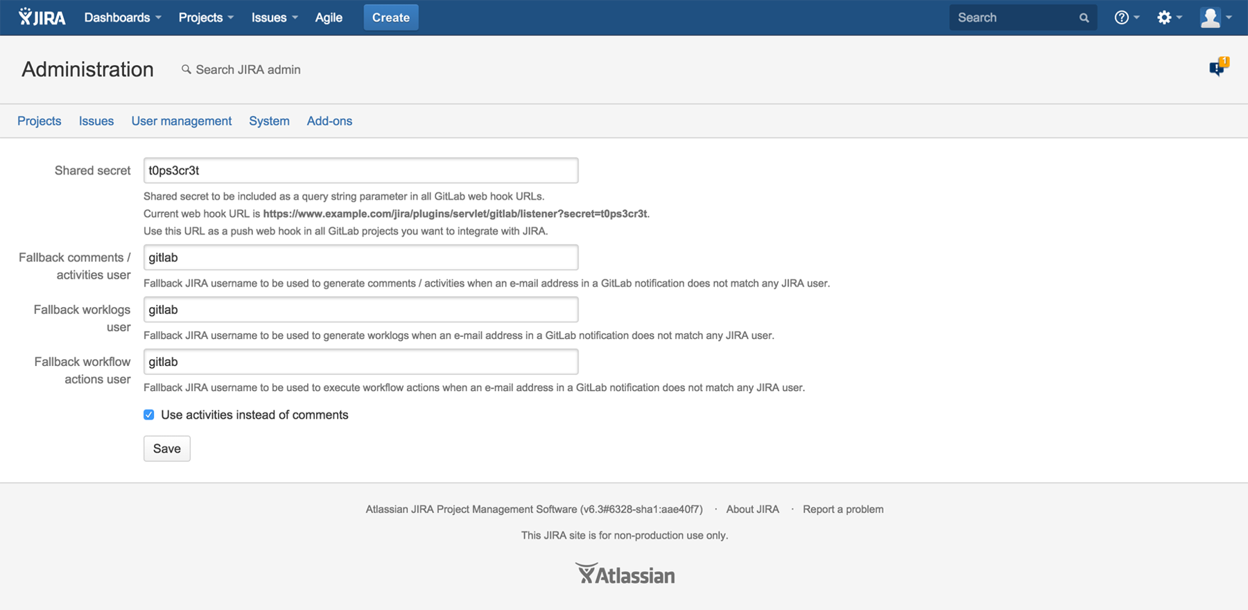 GitLab Connector admin settings page in Jira