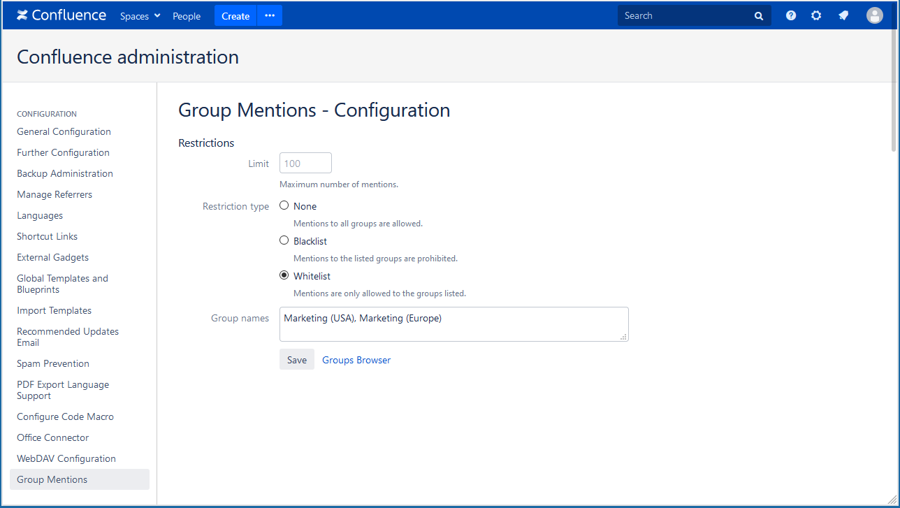 The Group Mentions configuration screen in Confluence administration