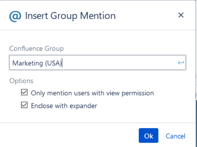 The Insert Group Mention dialog with a group name and two options