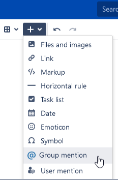 The Group mention entry in the Confluence editor insert menu